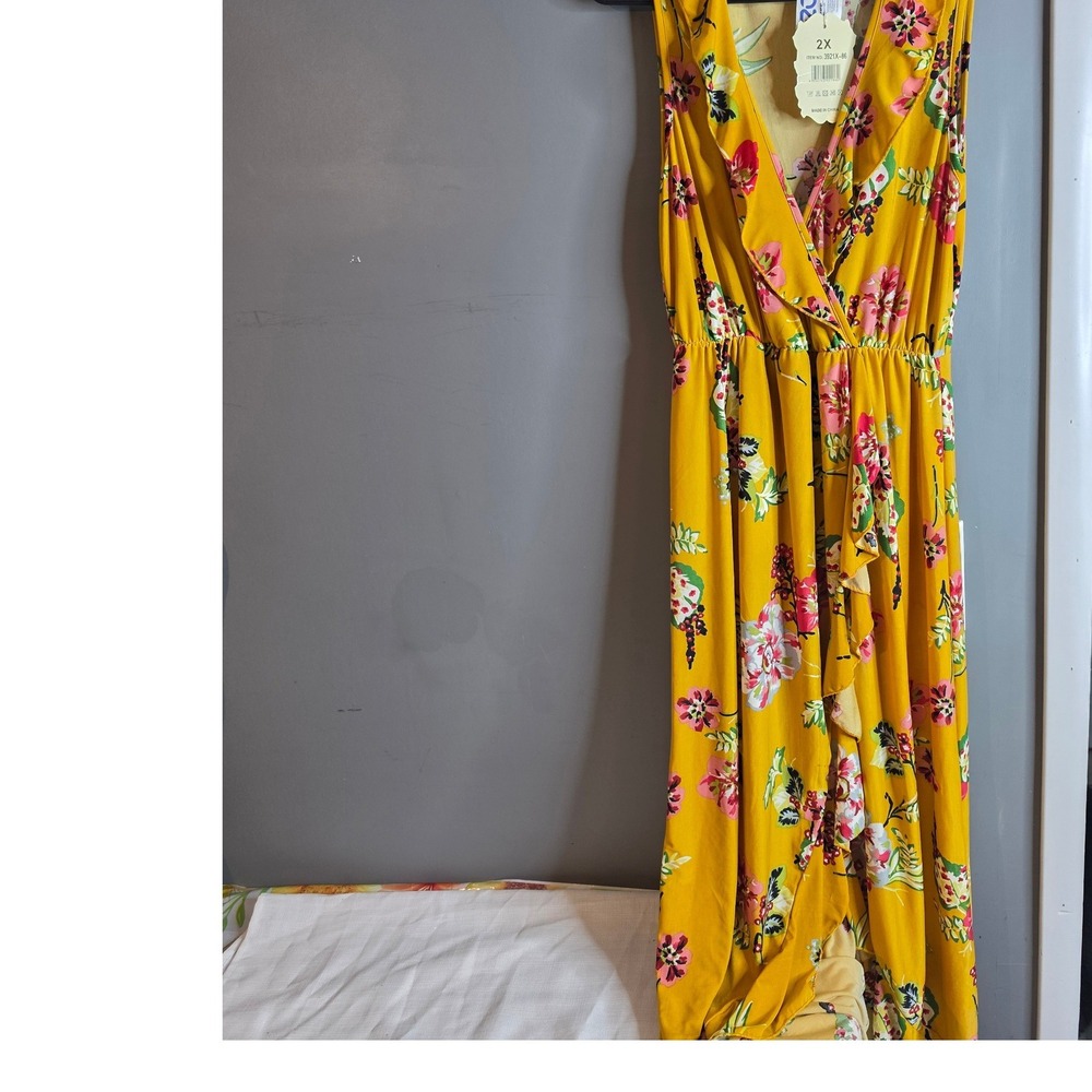 Ace Fashion Mustard Yellow Floral High Low Maxi Dress Sleeveless Wrap V-Neck 2X